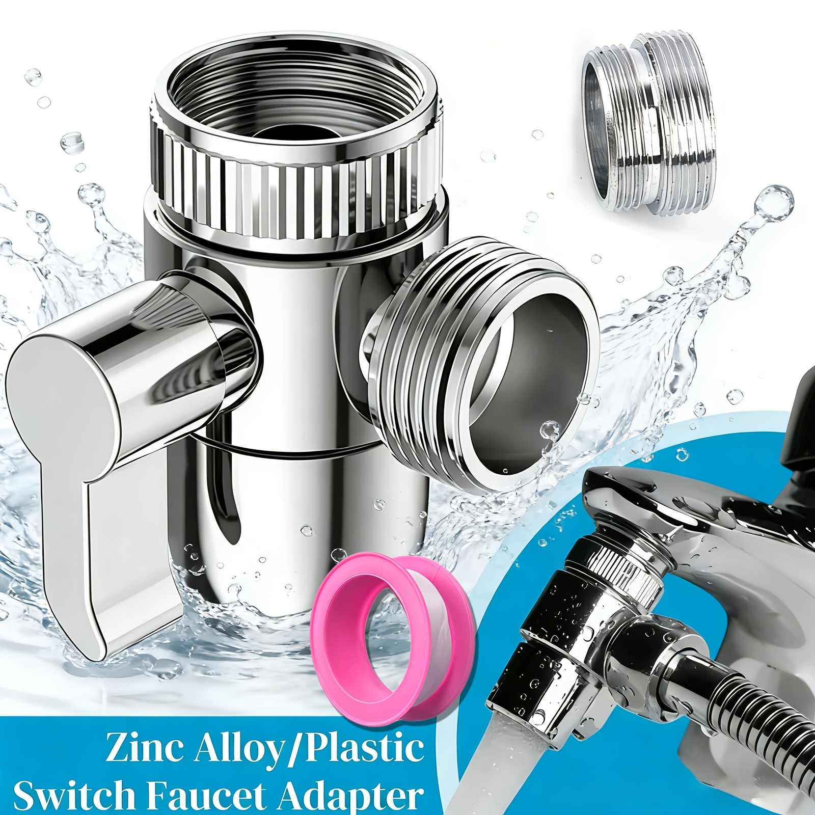 Image of 1 Set Stainless Steel Tee Diverter Valve | Diverter Valve, Ptfe Tape, Gasket, Adapter - 1/4 Turn Quick-open M22/m24 Universal Interface | Kitchen & Bathroom Sink | Handheld Shower & Faucet Switching