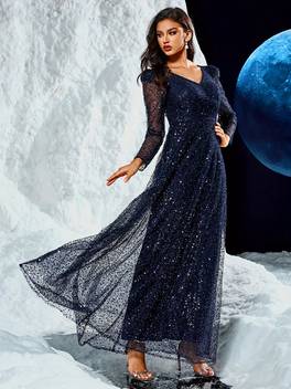 elegant womens deep v neck gown with puff sleeves hand embellished sequins beading floor length evening dress for weddings formal events wedding guest attire galaxyinspired design intricate embroidery
