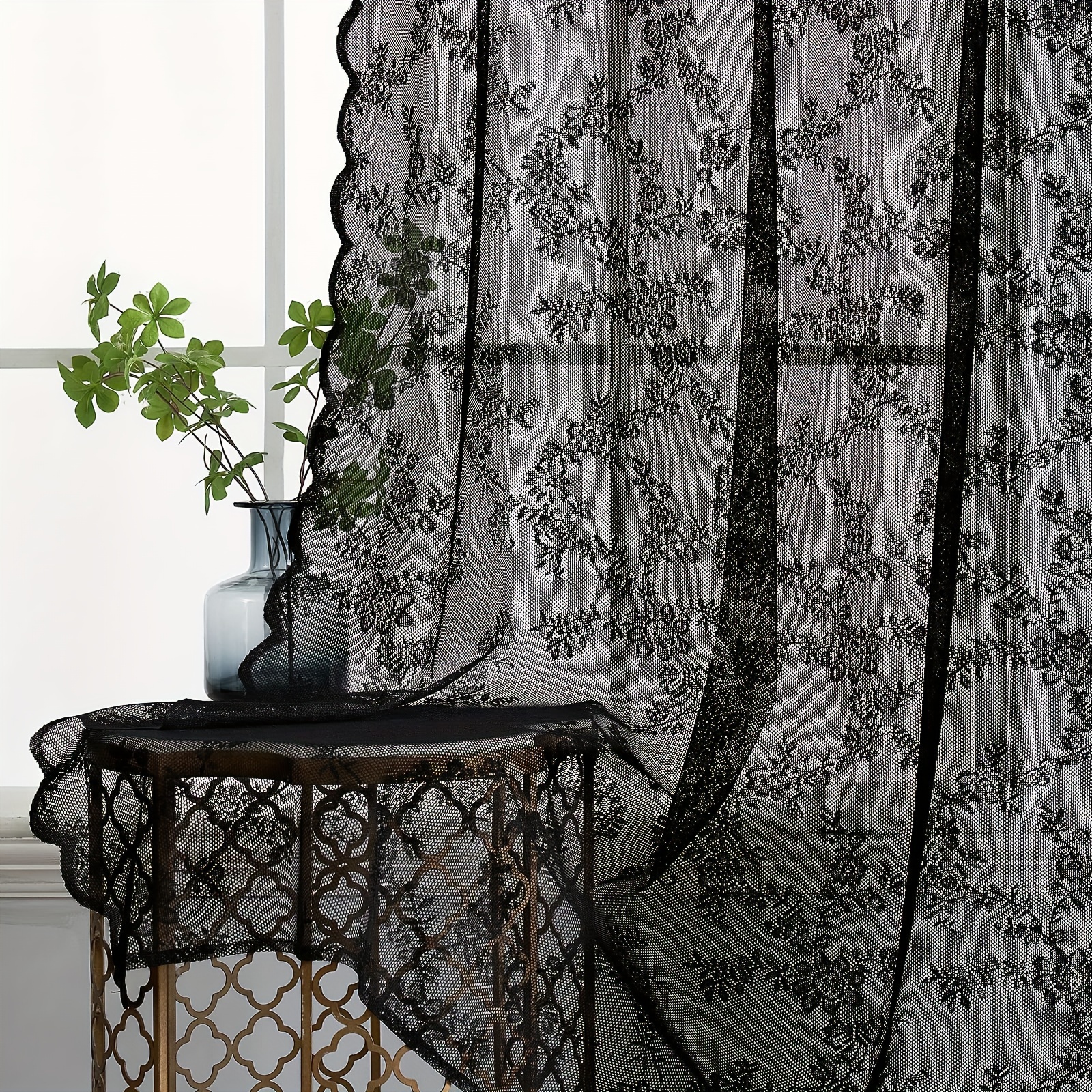 TEMU 2pcs White Lace Pole Pocket Curtains With Floral Patterns Bohemian Style Semi-sheer Curtains For Home Decor Elegant Fan-shaped , Modern