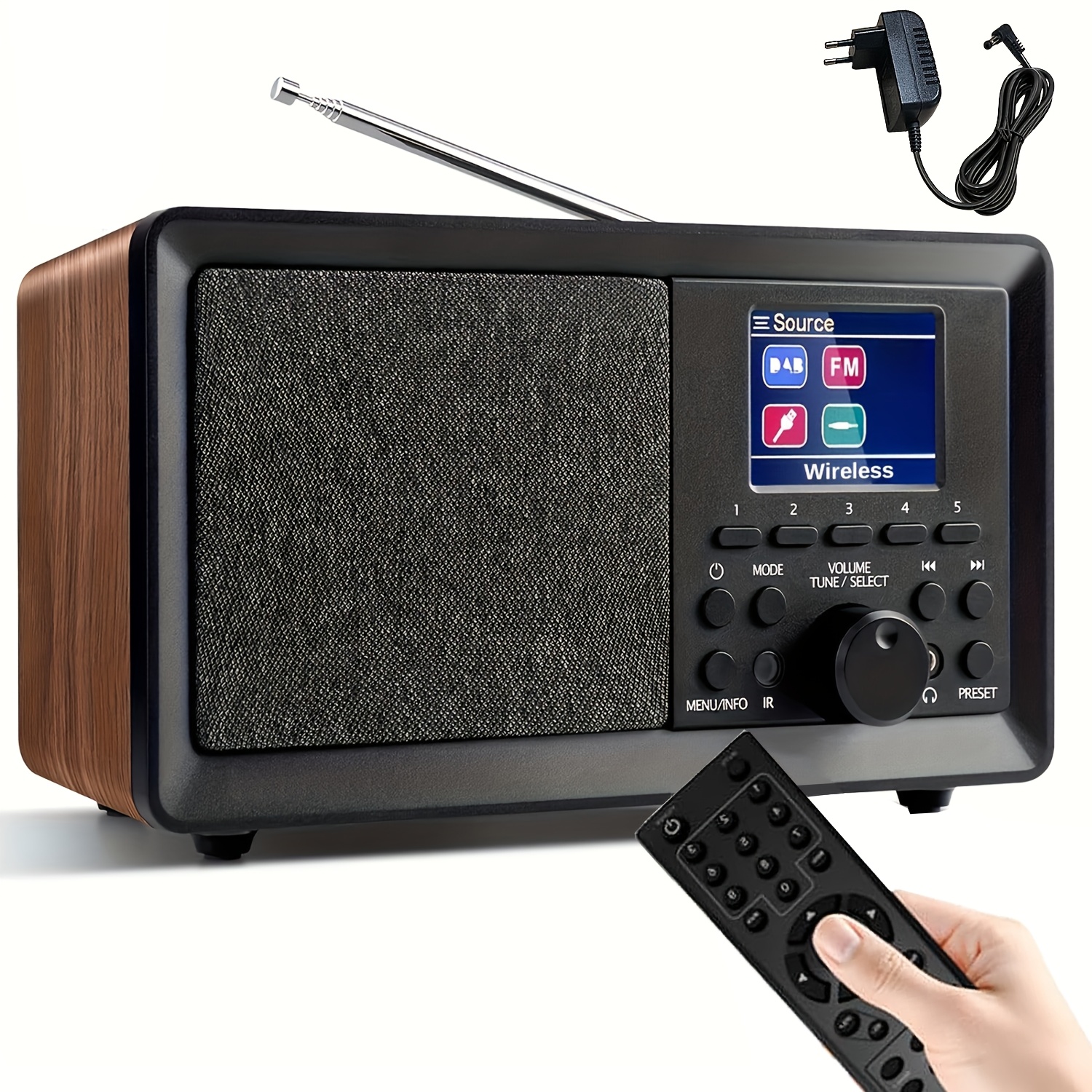Dab With Wireless, Dab Radio With Remote Control, Dab+/fm Radio, Retro Wooden , Kitchen Radio, Alarm Clock Radio With Dual Alarm And Usb/aux Port