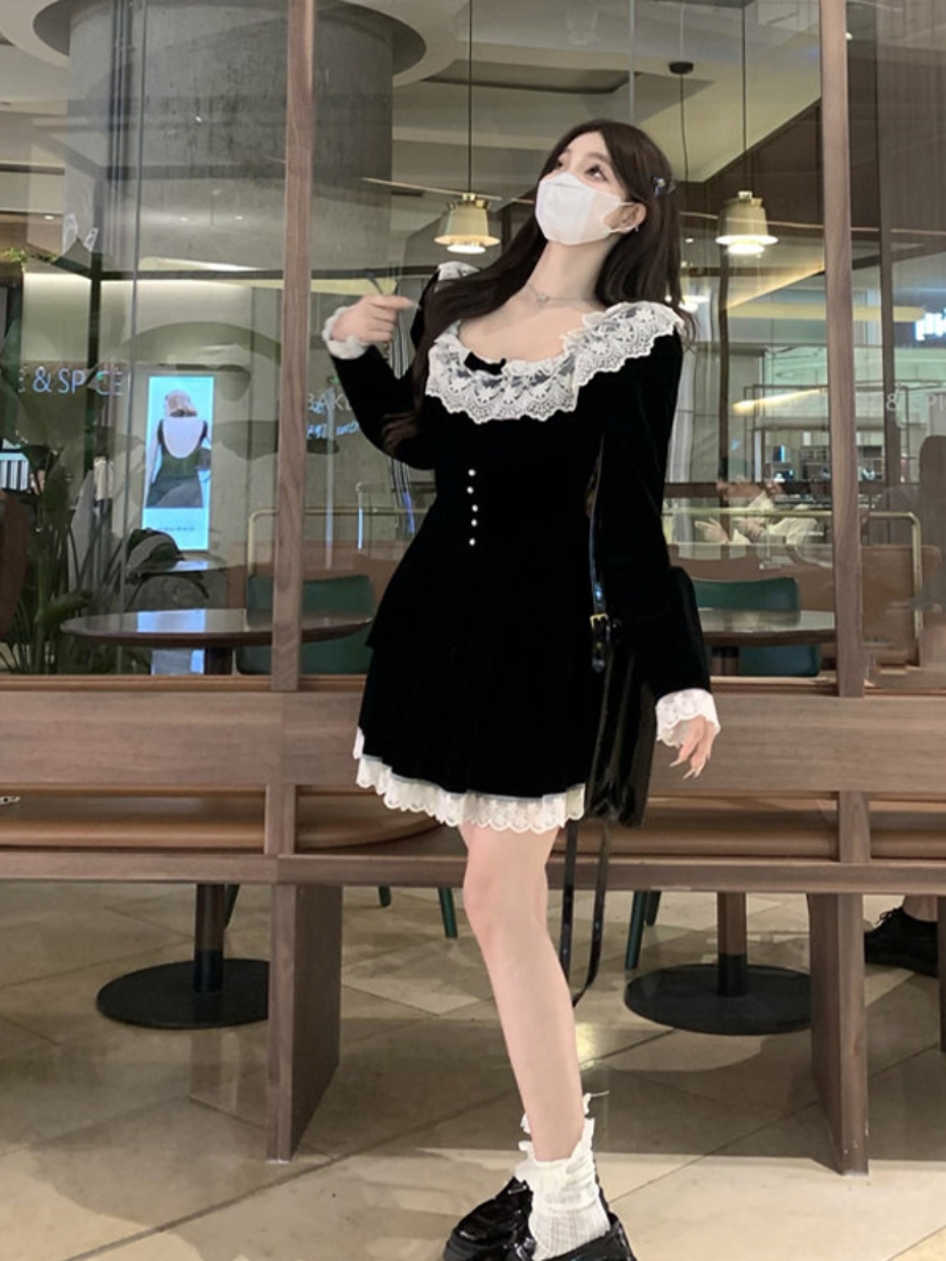 Elegant Black Velvet Dress with White Lace Trim Bow Detail Long Sleeve,  Round Neck, Flared Skirt Machine Washable Spring Fall