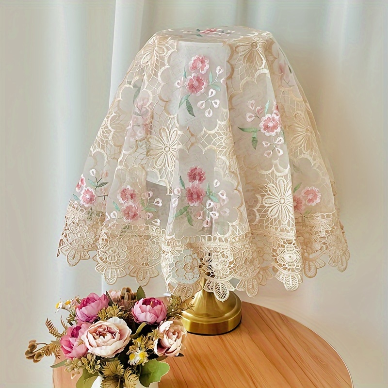 

1pc Rustic Embroidered Lace Tablecloth, Semi-transparent Round Table Cover, Polyester Decorative Bedside Table Draping, No Electricity Or Battery Needed