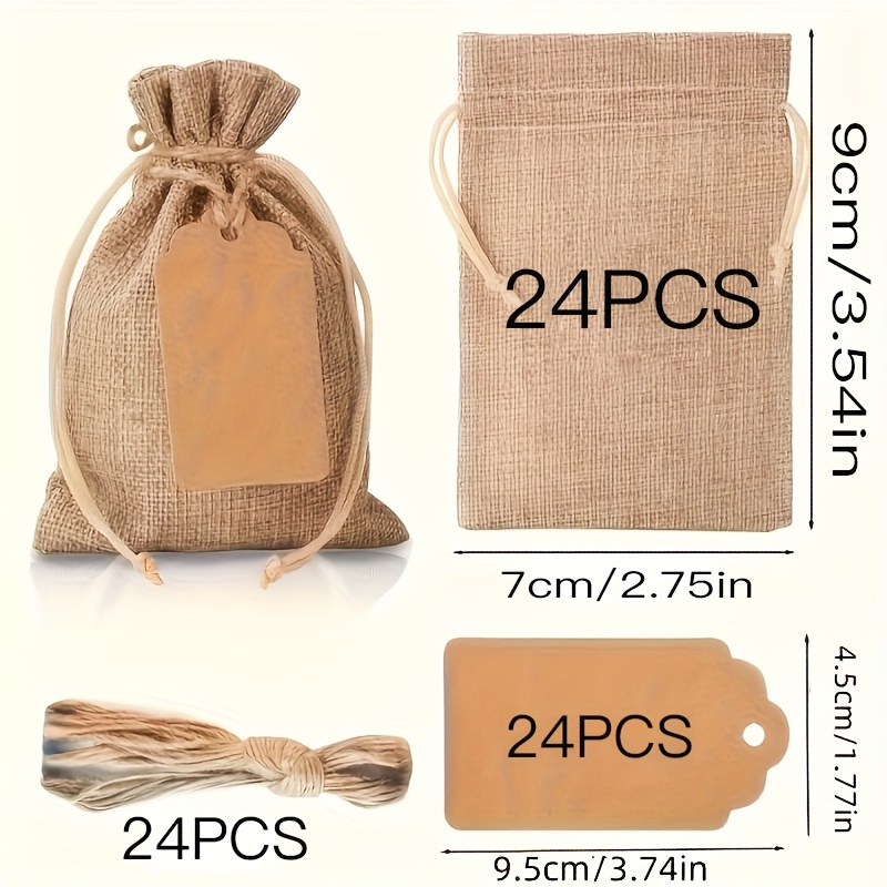 TEMU Lot de 72 sacs cadeaux en lin naturel, comprenant 24 sacs en lin + 24 étiquettes + 24 ficelles de jute avec fermetures éclair et étiquettes -