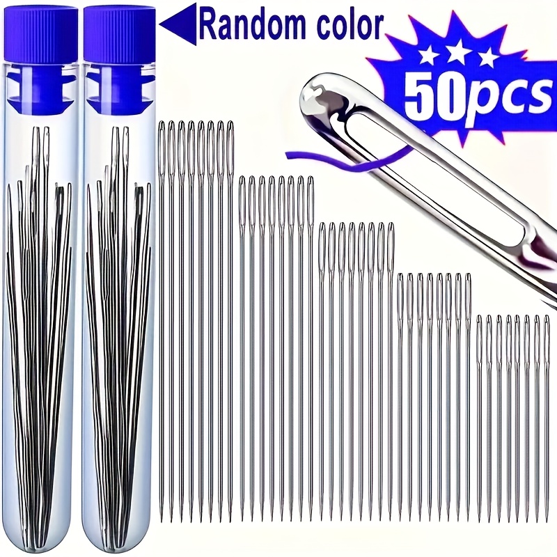 TEMU 50pcs Random Stainless Steel Large Eye Sewing Needles With Red Hats - Different Sizes, Suitable For Leather, , Embroidery, And Cross Embroidery