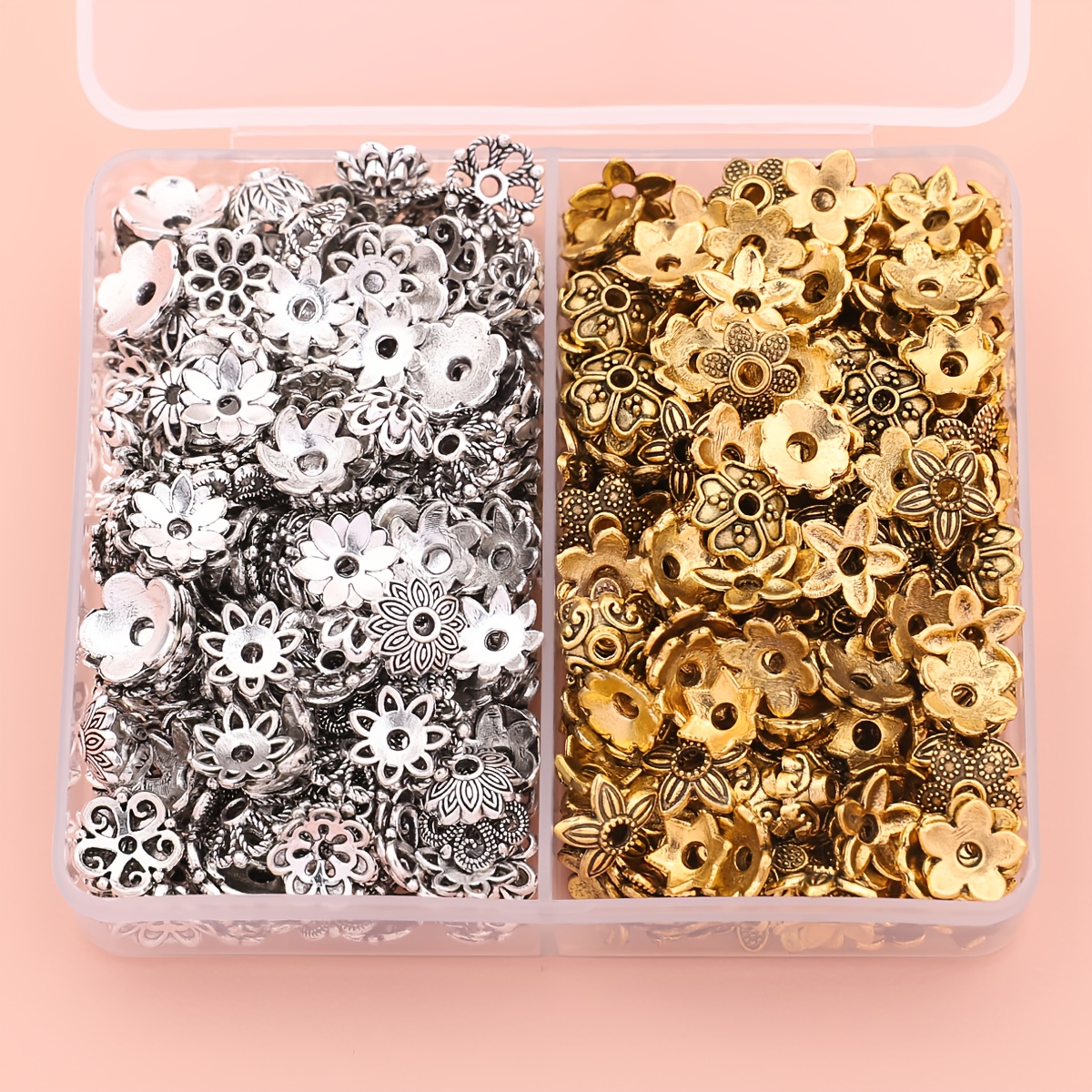E-shop 42G ca. 240 Stück/Box Zufällige Mischung Legierungsperlenkappen, Anhänger-Blumenhalter-Kappen, Quastenendkappen, Ohrringverschlüsse,
