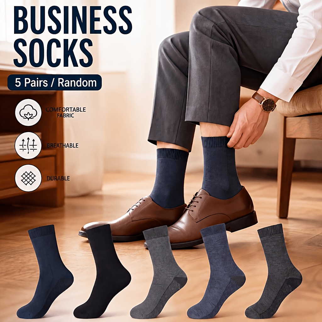 TEMU 5-pair Random Style Men's Breathable, Comfortable, Loose-fitting, Unrestrictive Business Mid-calf Socks, Suitable For Daily Casual Wear And