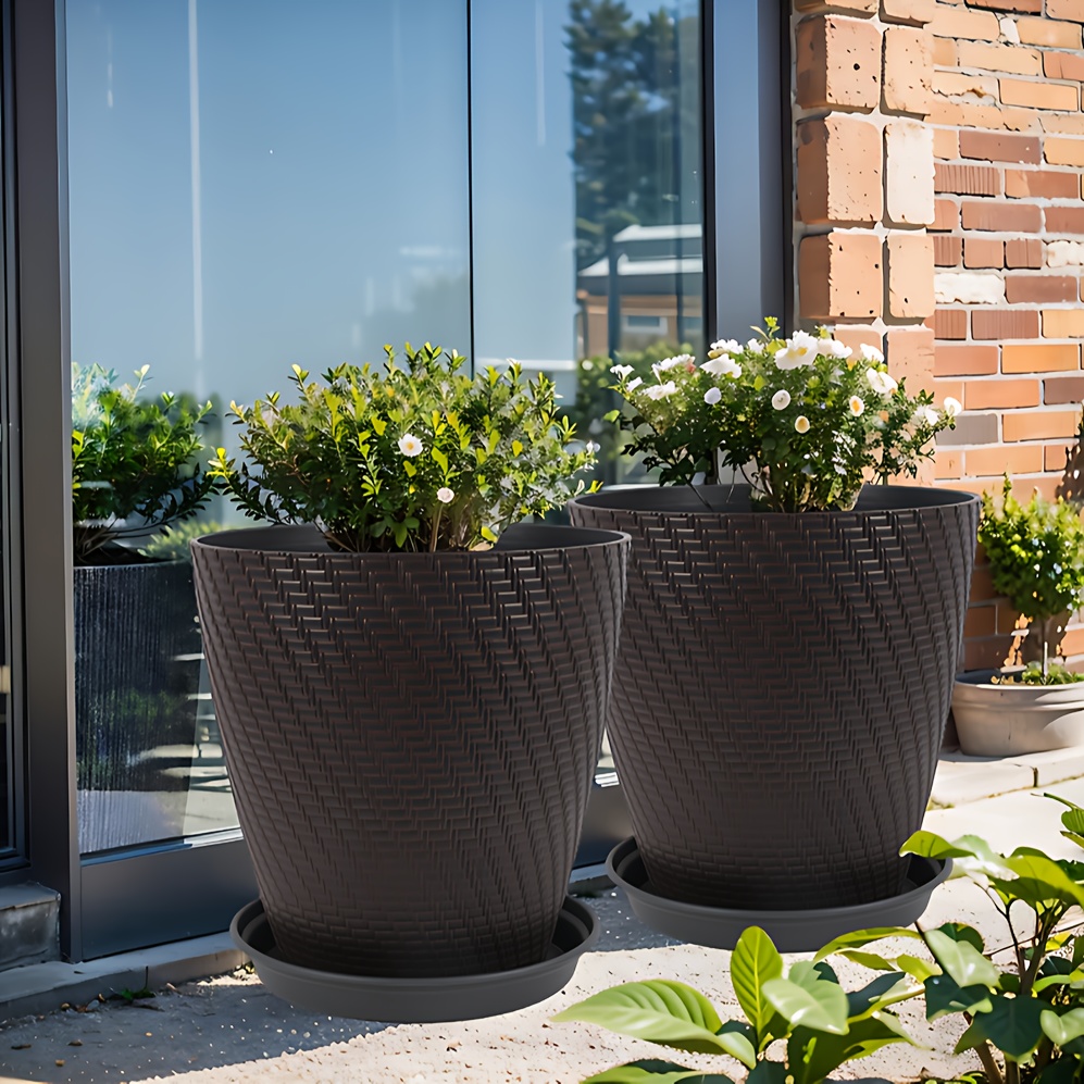 vintage european style resin flower pot with rattan like design large size drainage hole included sturdy and weather resistant suitable for indoor and outdoor use in courtyards   cafes offices or as decorative planters