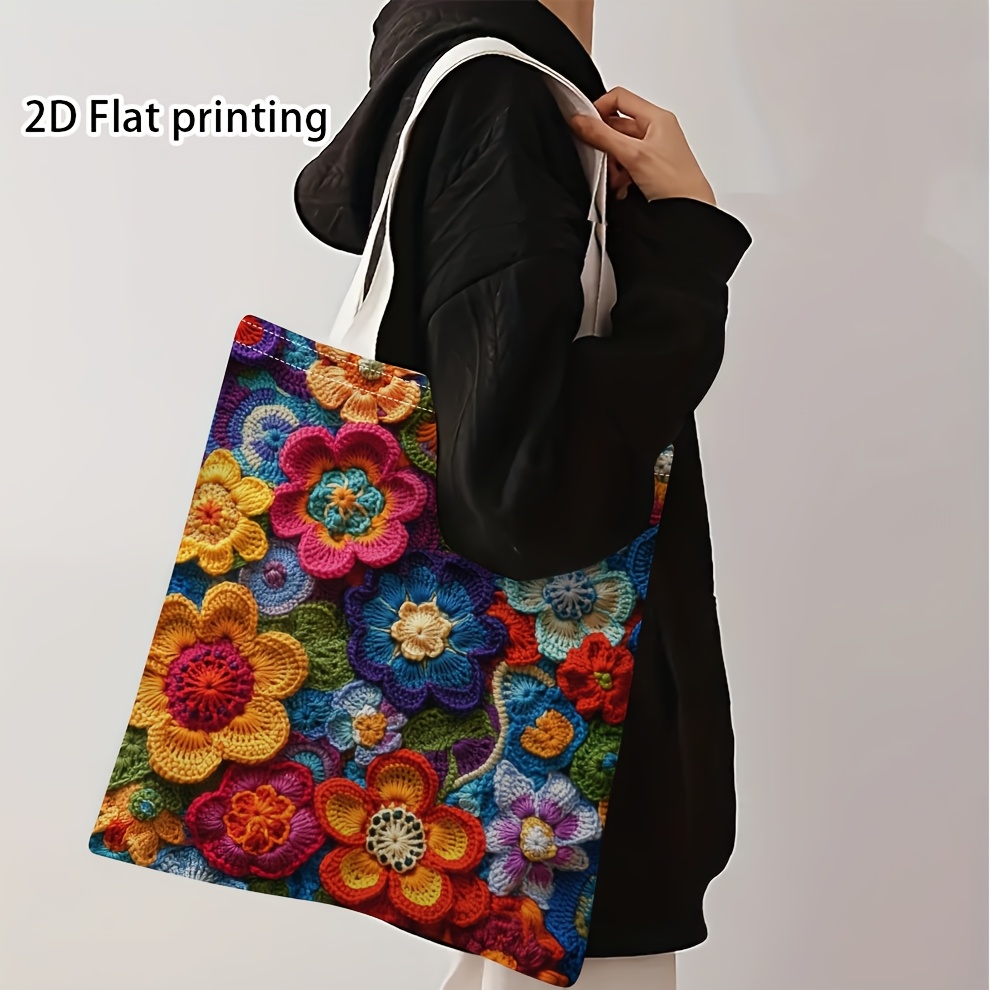 TEMU 1pc Mustard Yellow & Brown Crochet Tote Bag - Reusable Grocery Shopping Bag With Circle, Suitable For School, Commuting, Beach Travel, Machine