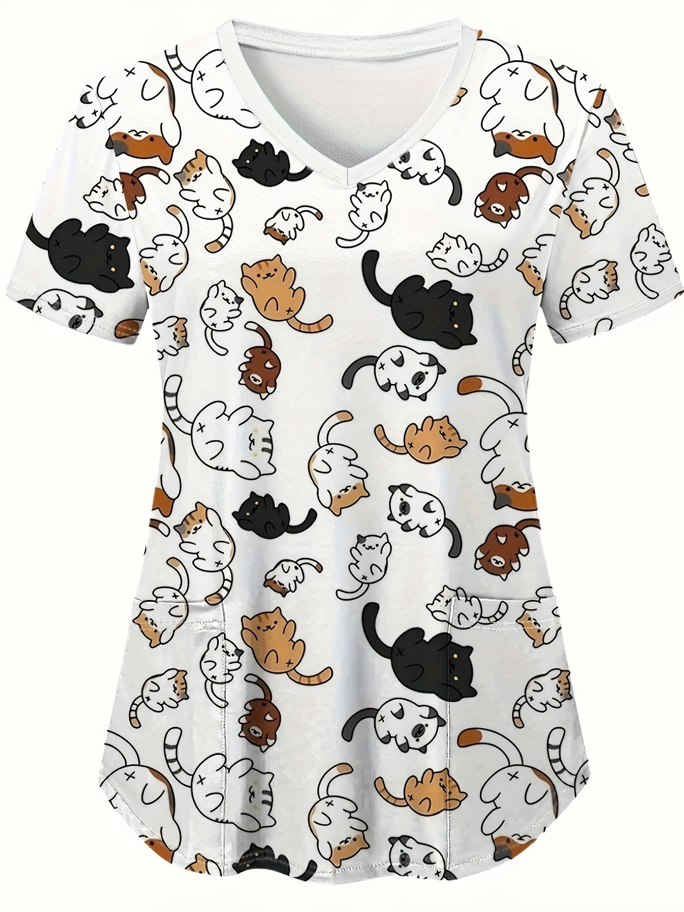 Sevimli Çizgi Kedi Desenli V Yaka Tulum Üstü, Rahat ve Fonksiyonel Sağlık Çalışanı Üstü, Hastanelerde ve Diş Hekimliği Ofislerinde Çalışmak İçin Mükemmel, Kadın İş Giysileri