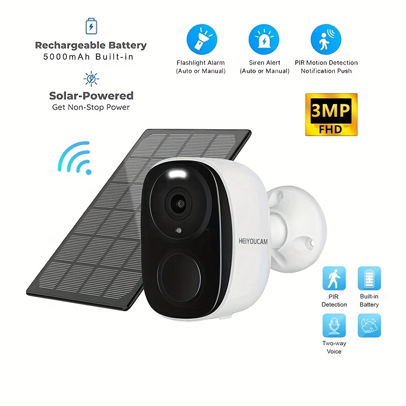 HEIYOUCAM 1 Set Solar Battery Security Camera Wireless Outdoor, 3MP Night Vision with Spotlight, Wire-Free Battery Solar Powered, Human Detection, with Solar Panel, PIR Human Detection, 2-Way Talk, SD Card/Cloud Storage