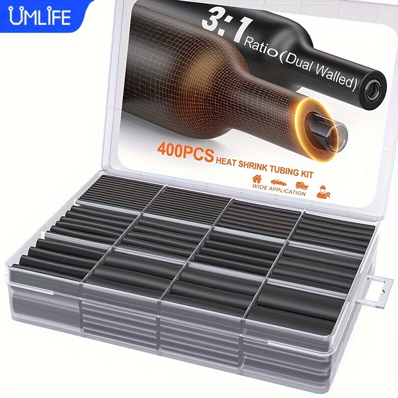 

Kit de Thermorétractable UMLIFE de 400pcs avec Doublure Adhésive - 3:1, Rétrécissement Rapide pour Câblage Automobile & Électrique, Joint Étanche, Paroi, Boîte de Rangement Incluse