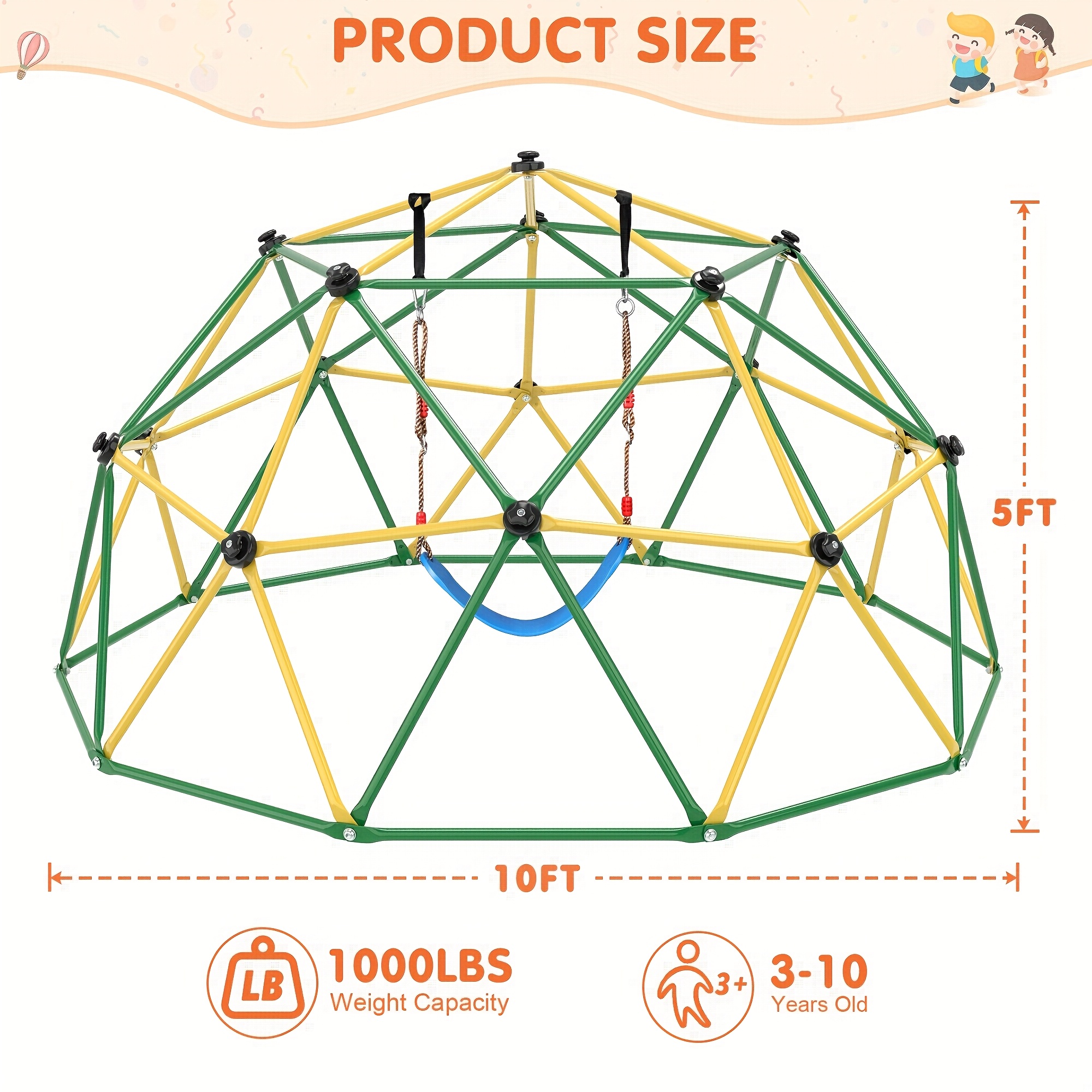 TEMU 10ft Climbing Dome With Hammock And Swing, Toys For To 10 Years Old, Supports 1000lbs And Easy Assembly, With Climbing Grip, Outdoor Backyard For Kids, Yard Games