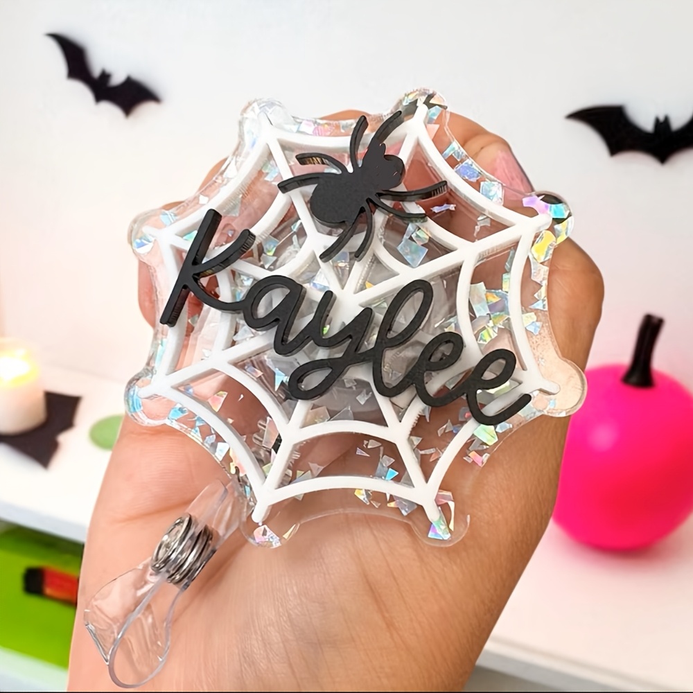 TEMU 2d 1pc Custom Name Acrylic Pumpkin, Web Shaped Badge Scroll, Halloween Custom Name Shimmering Web Retractable Id Clip, Personalized Name Tag