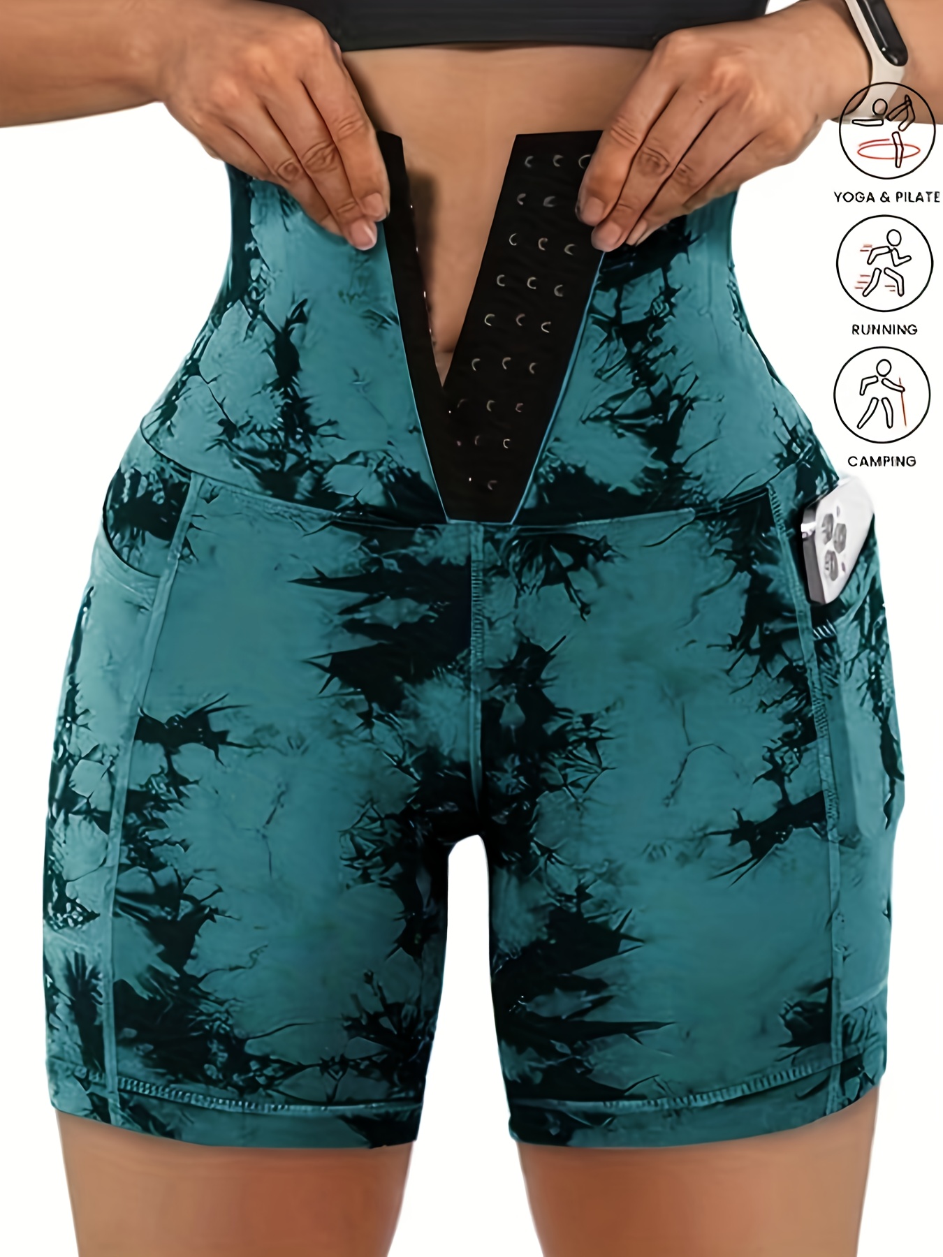 Women'S High-Waisted Yoga Shorts - Stretchy, Quick-Dry, Front Zipper & Pockets, Vibrant Teal Tie-Dye Design, Perfect for Spring/Fall Outdoor Activities, High Waisted Shorts