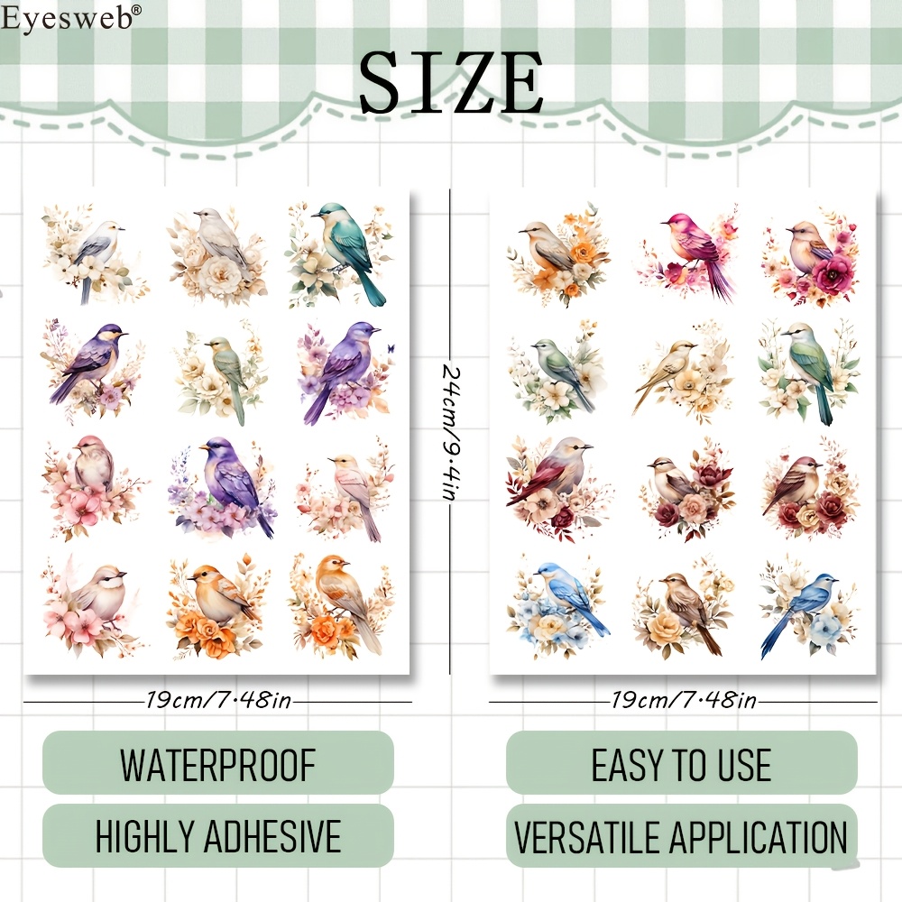 TEMU 24 Styles Flower Dtf Transfer, Watercolor Bird Waterproof For Cups Phone Case, No White Border