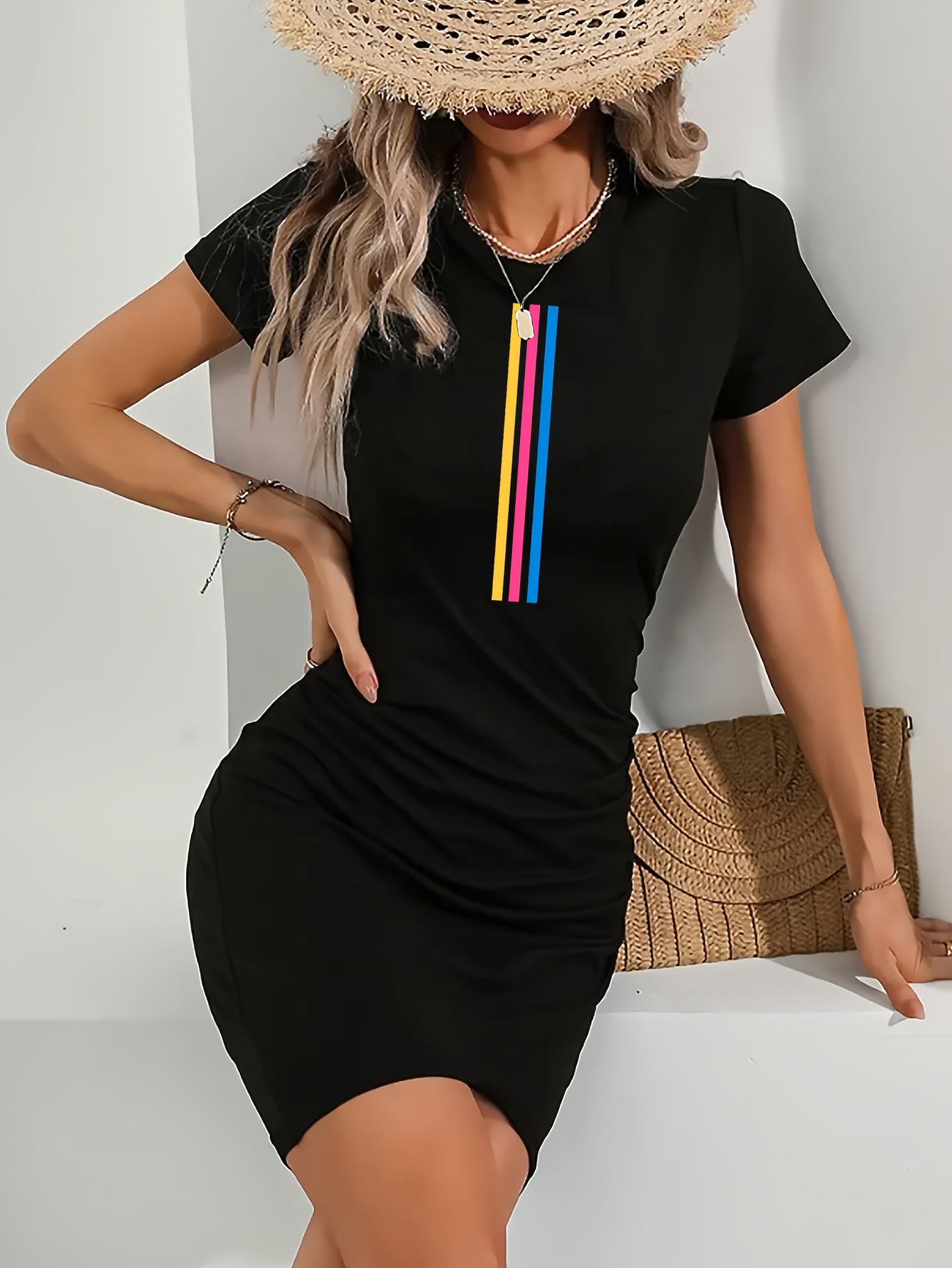 knee length black work dress Plus Size Short Sleeve Above the Knee Sheath Office Wear to Work Dress main image 1