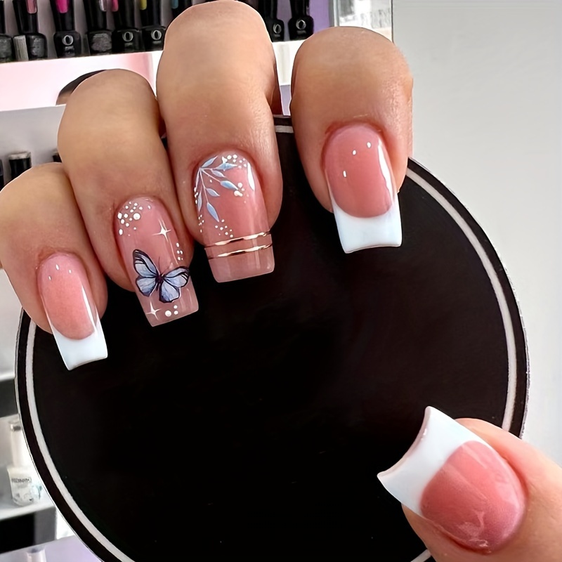 TEMU 24pcs Square Medium-length Press-on Nails - Glossy Fake Nails With Striped & Floral Designs For , Middle East-, Cute Nails