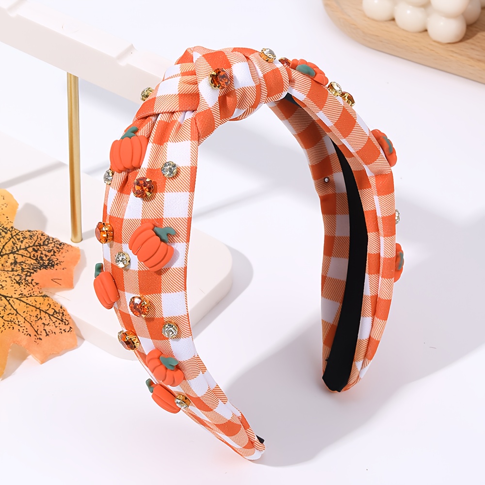 TEMU 1pc Thanksgiving Knot Headband For Women Orange Tartan Hair Hoop With Maple Leaf Charms Vintage Autumn Hair Accessory For Thanksgiving Parties