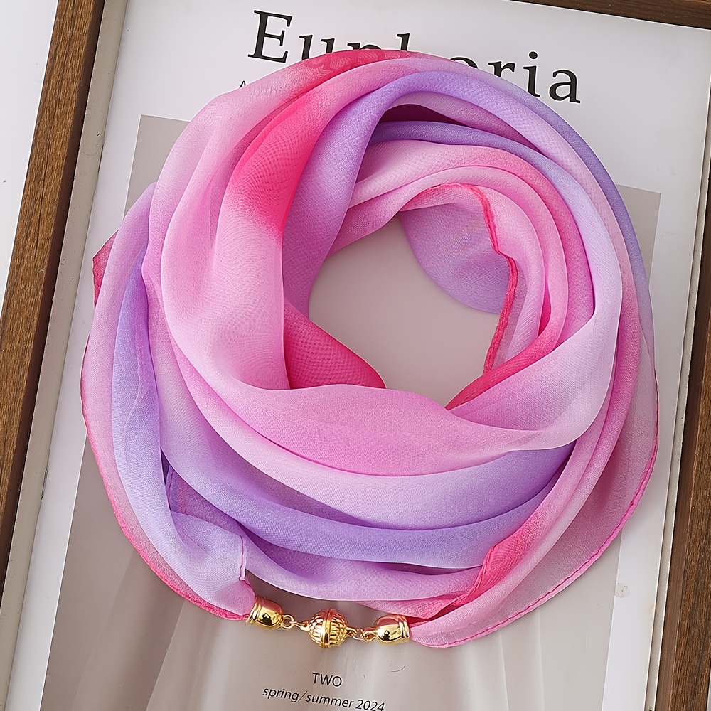 Image of Lightweight Rainbow Gradient Magnetic Snap Scarf, Convenient And Stylish Neck Gaiter, 100% Polyester Fiber, Women's Decorative Scarf, Suitable For