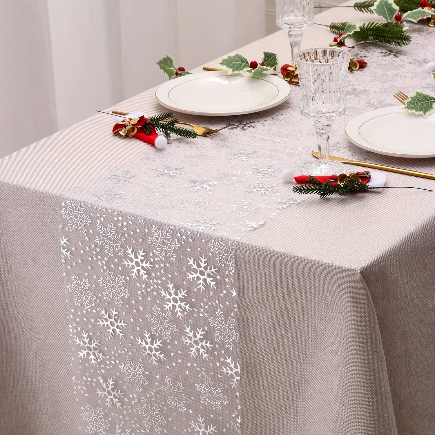 

Coureur de table flocon de neige de Noël festif - 28 cm x 275 cm - Tissu polyester - Convient pour les mariages, les fêtes, Noël, , Thanksgiving, les décorations du Nouvel An