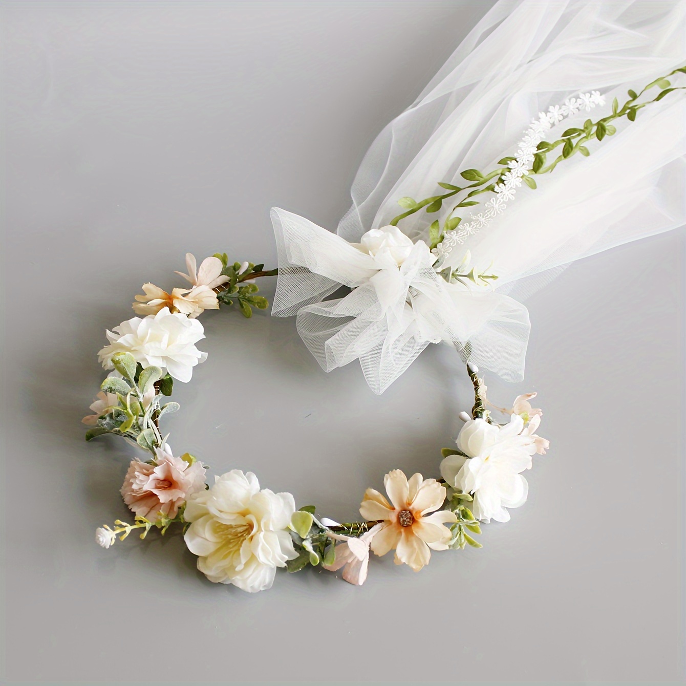 TEMU Bridal Veil   Flower Crown, 1pc Elegant And Sweet Wedding Headpiece For Brides And Wedding Parties, Decorated With Flowers And White Tulle