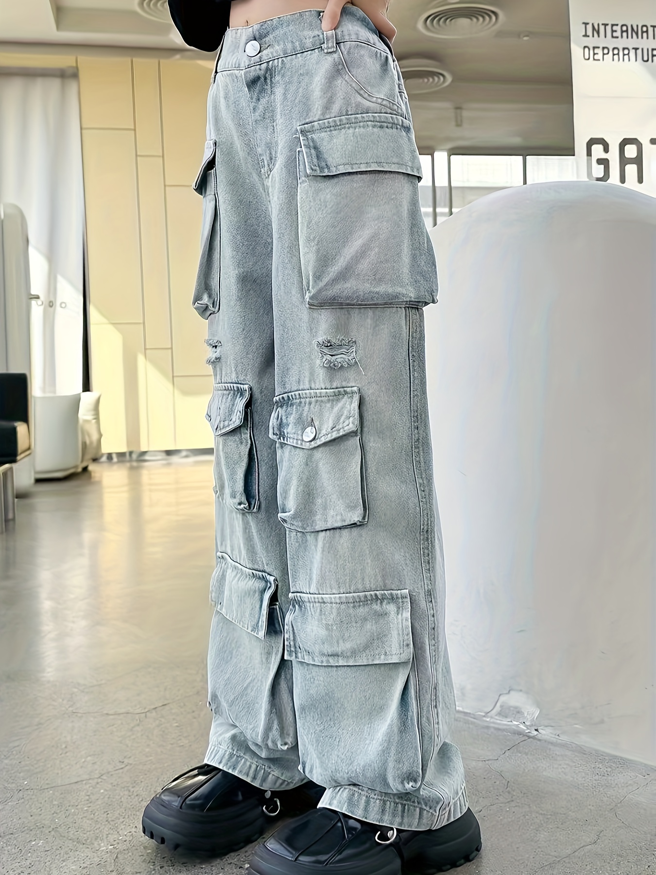 6 Pockets Wide Leg Denim Jeans Cargo Pants for Women 2740