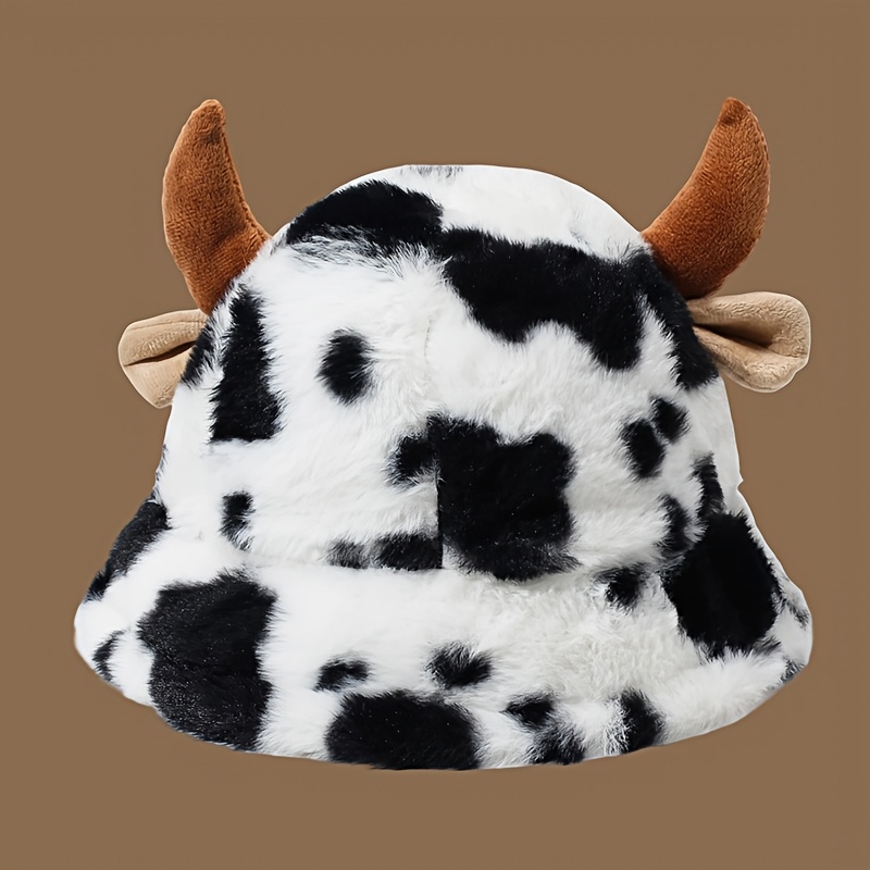 TEMU Chapeau de pêcheur en peluche à imprimé vache avec oreilles de , doux et chaud, chapeau de dessin animé , style de rue décontracté pour femme,