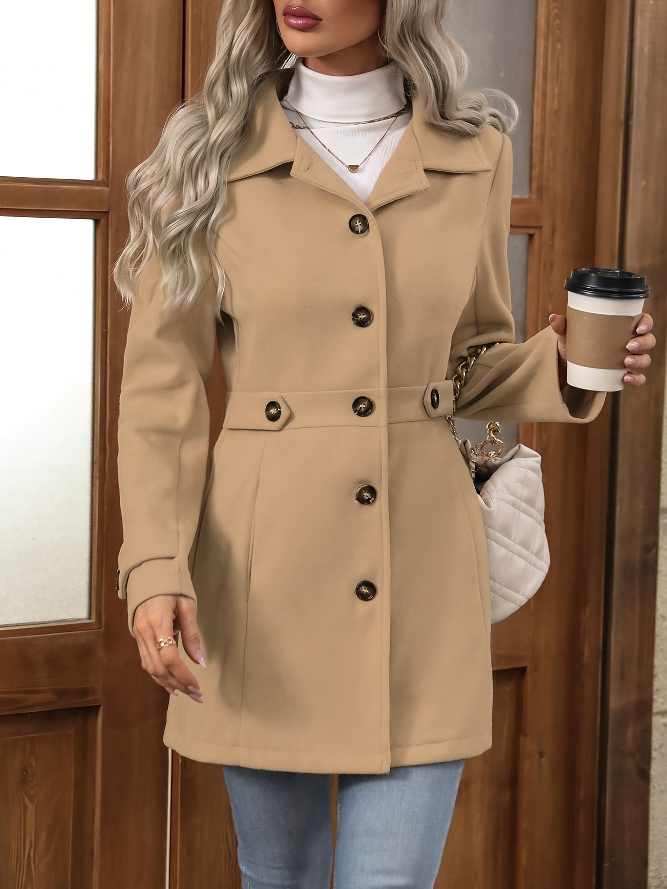 Alternative view of Abrigo de tweed para mujer con bolsillos, doble botonadura, manga larga, corte asimétrico, color sólido, talla…