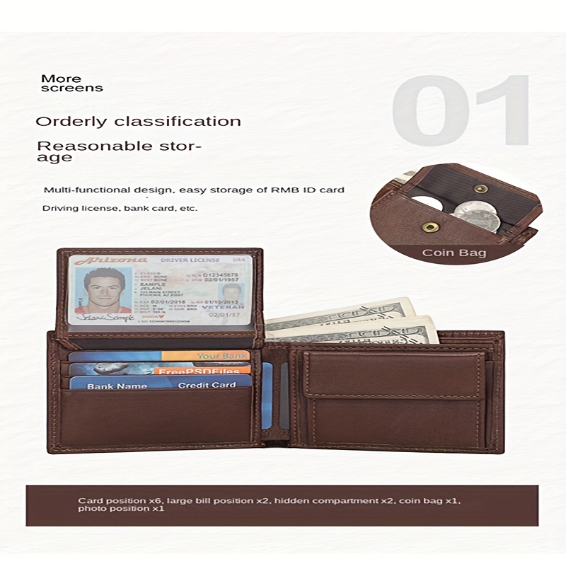 1pc Leather Wallet With Multiple Card Slots, Simple Design, Foldable And Compact, Genuine Cowhide details 3