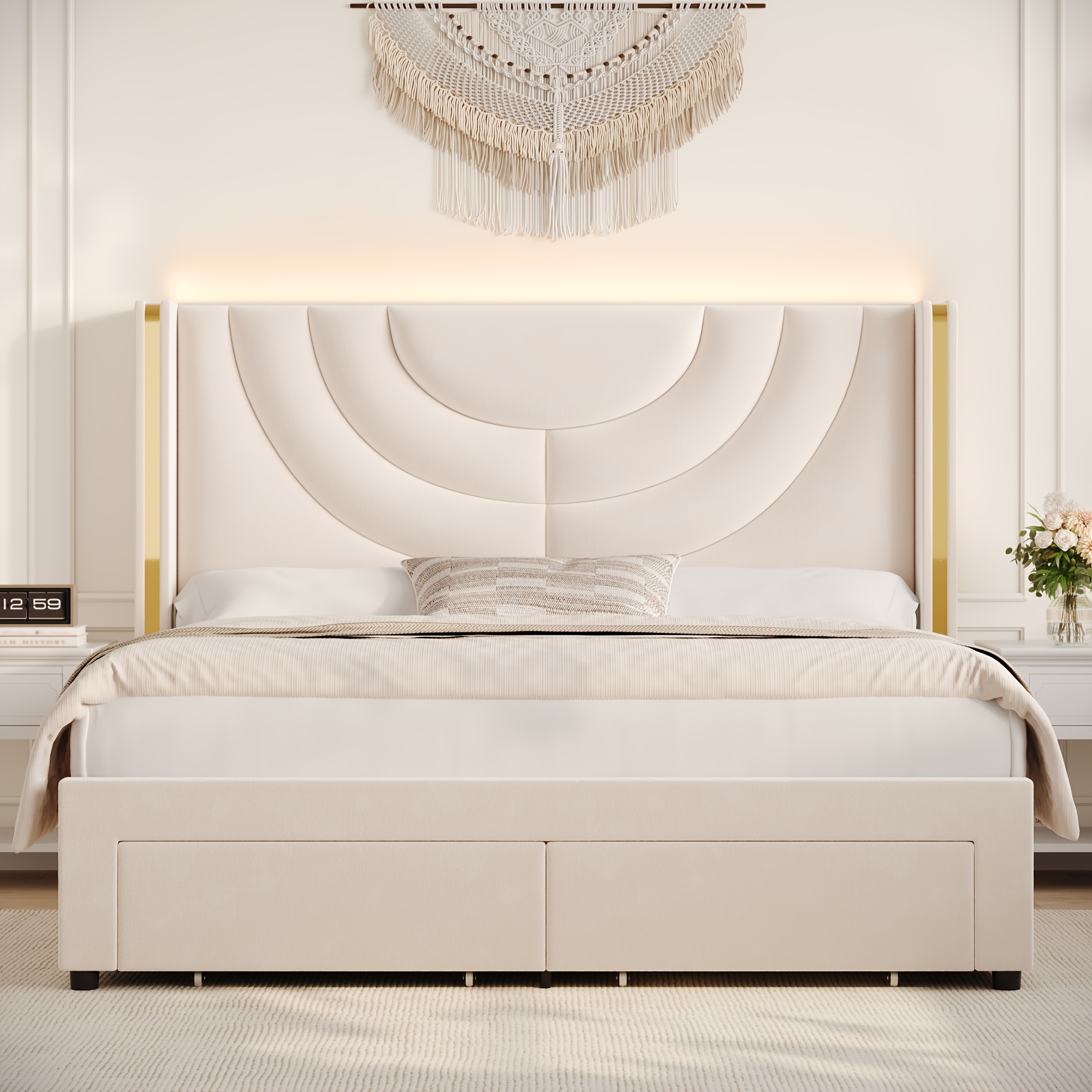 FULTRU Upholstered LED Bed Frame in Full, Queen, Or King Size with Two Storage Drawers, Velvet Platform Bed Featuring a Wingback Headboard, Sturdy Wooden Slats for Support, No Need for a Box Spring, Headboard with a Splicing Design