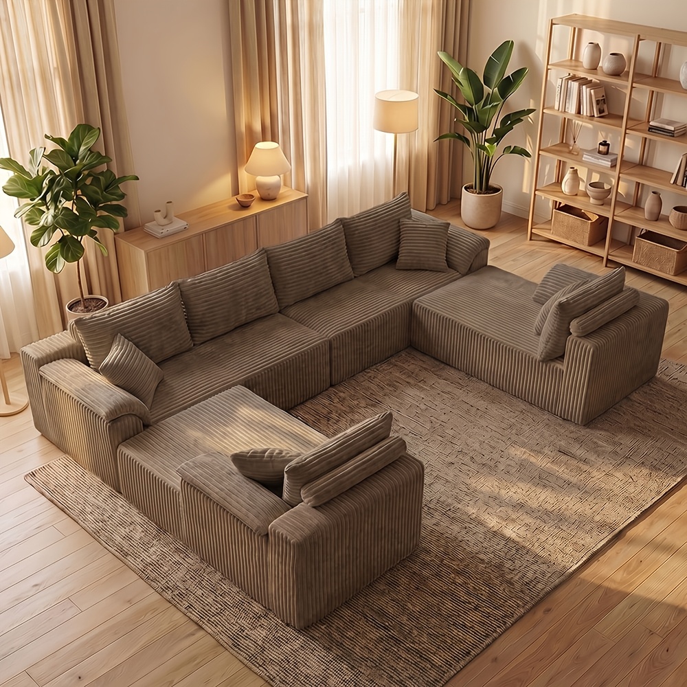 Image of 137 Inch U-shaped Large Modular Sectional Sofa, Vertical Corduroy Oversized Cloud Sofa, Vacuum Compressed No-installation Deep Seat Floor Sofa, Multi-functional Free Combination Living Room Furniture