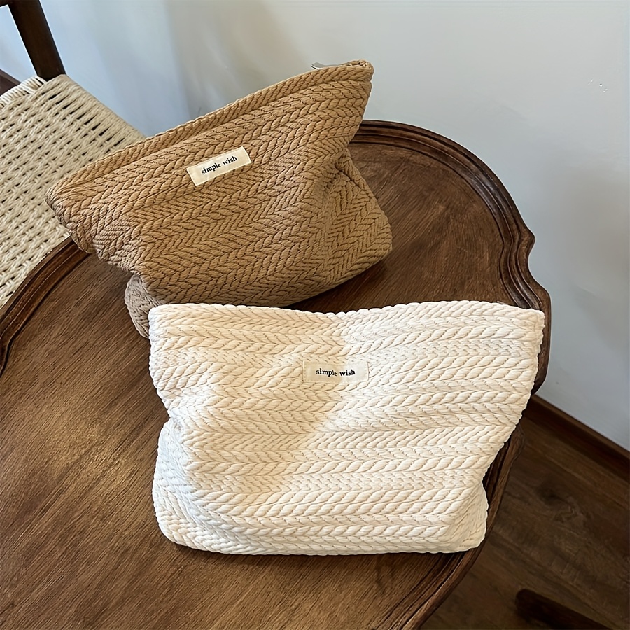 1pc elegant wheat pattern woven fabric handbag zippered makeup pouch with   hardware compact square design for   use stylish storage accessory textured finish