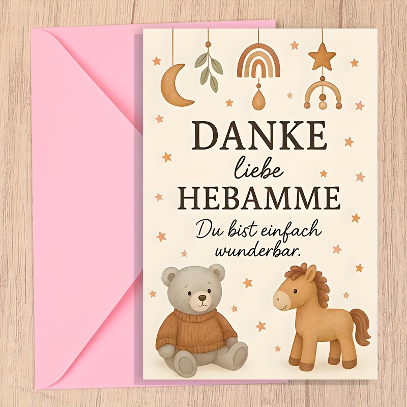 1pc German Midwife Thank You Card - German Watercolor And Horses W/envelope, And Baby Shower Keepsake Gift