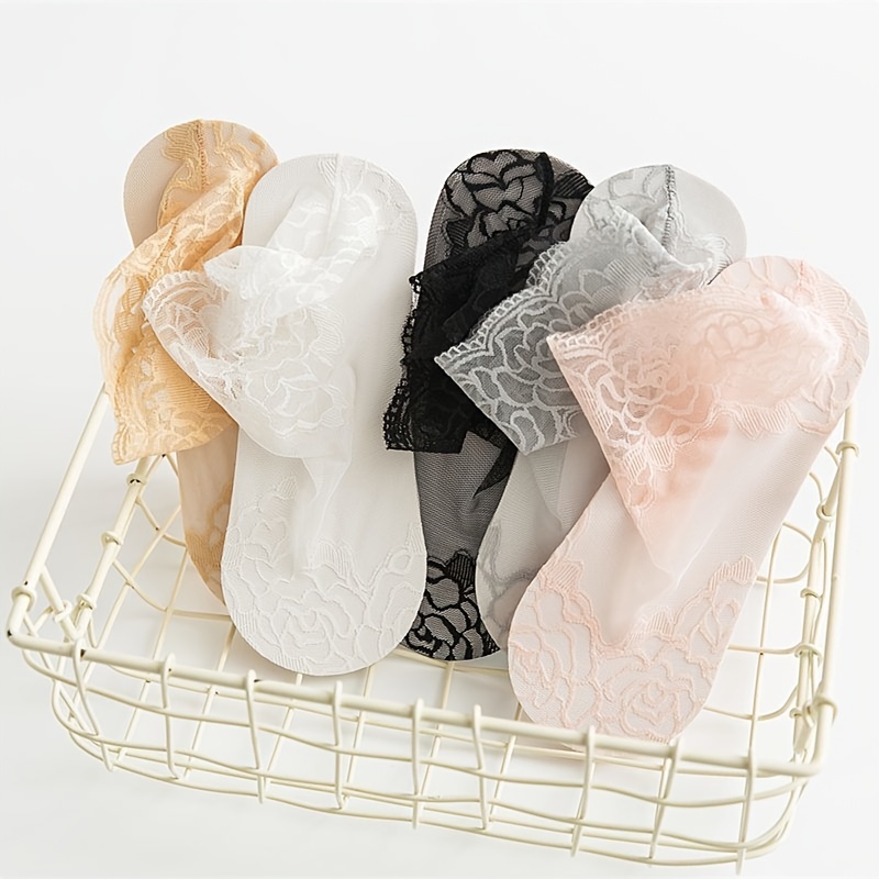 

5 Pairs Of Lace-trimmed Women's Socks For Spring And Summer, Featuring Short Mesh Socks With Large Roses, Lightweight Boat Socks For The Summer.