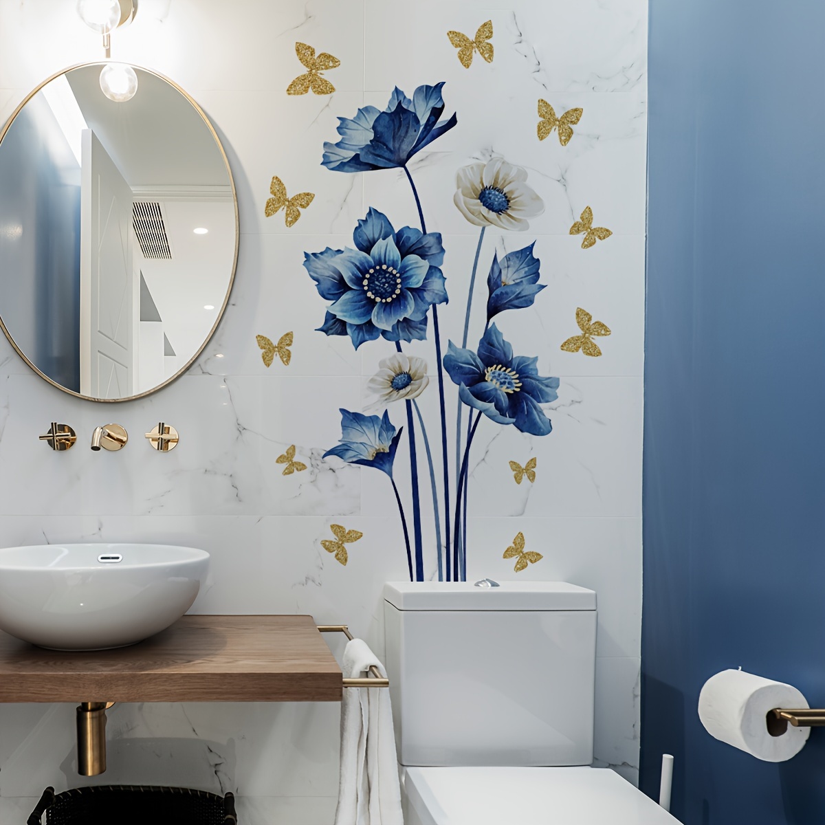 

Contemporary Blue And White Floral Wall Decals With Golden Butterflies, Pvc Self-adhesive Peel And Stick Wall Stickers, Detachable Decor For Living Room Bedroom - Ms2499-kq