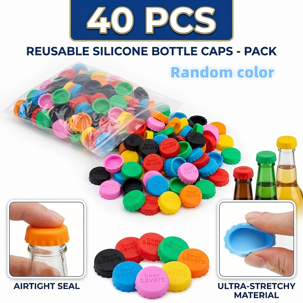 Image of 40pcs Reusable Silicone Bottle Caps - Beer, Soda, Wine Sealing Freshness Covers - Random Color - Food-grade Beverage Preservation Lids, Assorted Colors - For Kitchen Storage