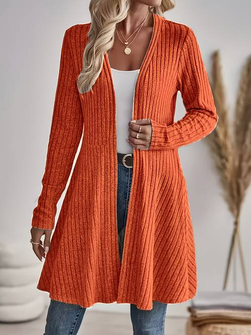 womens solid color cardigan elegant long sleeve flared hem stretch fabric for