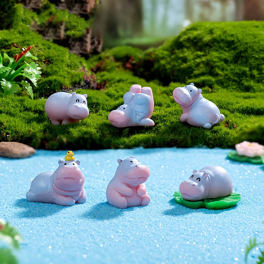 

6pcs Miniature Hippo Figurines Set, Resin , Indoor & Outdoor Decor, No Power Required, For Diy Micro Landscape, Tabletop, Car, Garden Accessories