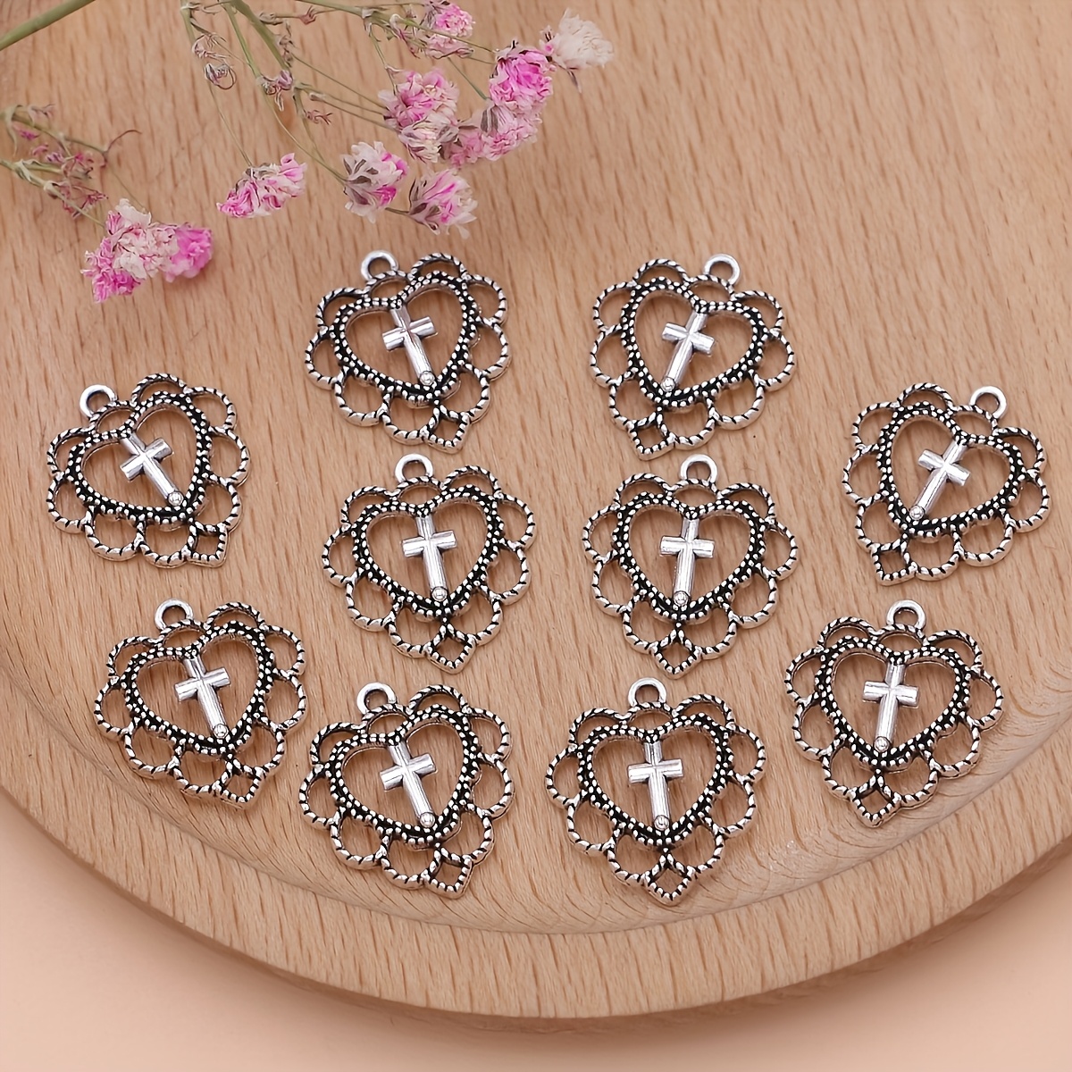 Set Of 10 Silvery- Heart-shaped Charms With Cutouts, Perfect For Crafting Your Own Necklaces And Earrings