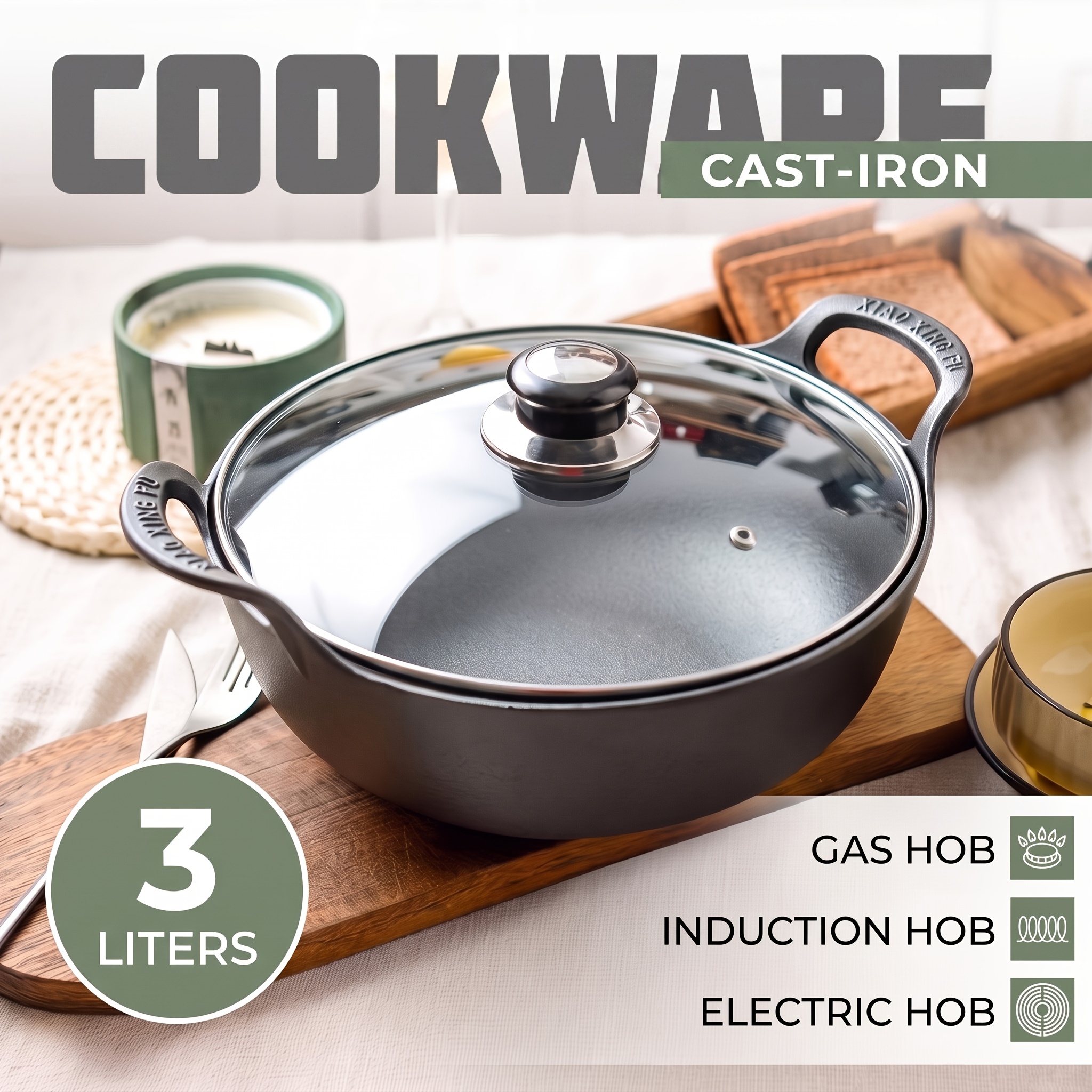 TEMU 20cm/7.87" Heavy-duty Cast Iron Frying Pan With 2 Handles, , With Lid, Heat Distribution, Durable. Suitable For Home, Restaurant, Outdoor Bbq,