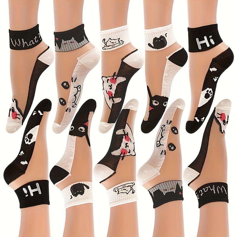 E-shop 10 Paar Sommer Dünne Atmungsaktive Cartoon Kitten Karten Glas Kurze Socken Niedliche Katze Buchstaben Transparente Damen Kurze Socken, Geschenk