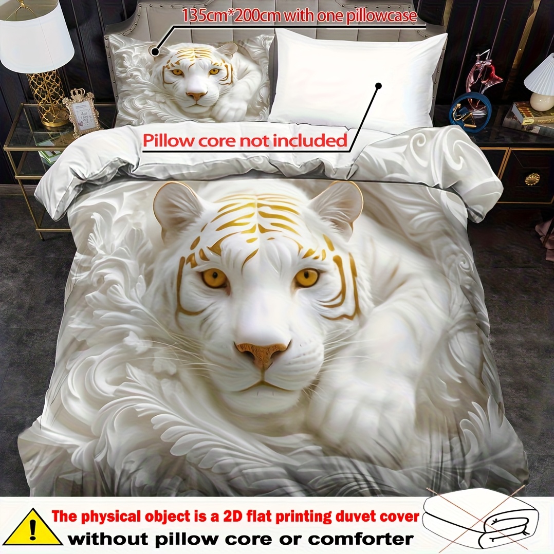 TEMU Quilt Cover Set 2/ 3pcs, 2 D Plane White Tiger Print Duvet Cover Set, King Bedding Set, Polyester Machine Washable, 2 D Plane Quilt Decoration,