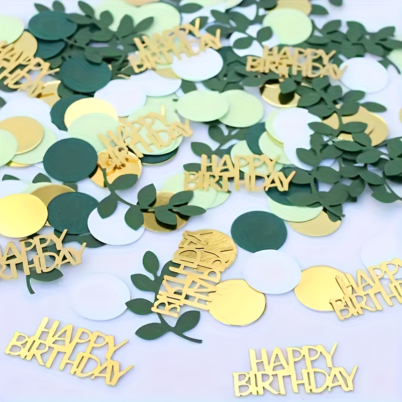 100pcs Green And Golden Sage "happy Birthday" Confetti - Elegant Round Decorative Plates For Decorations, Birthdays, Graduations, Mother's Day, Father's Day, Ramadan - Tabletop And Wall Decor