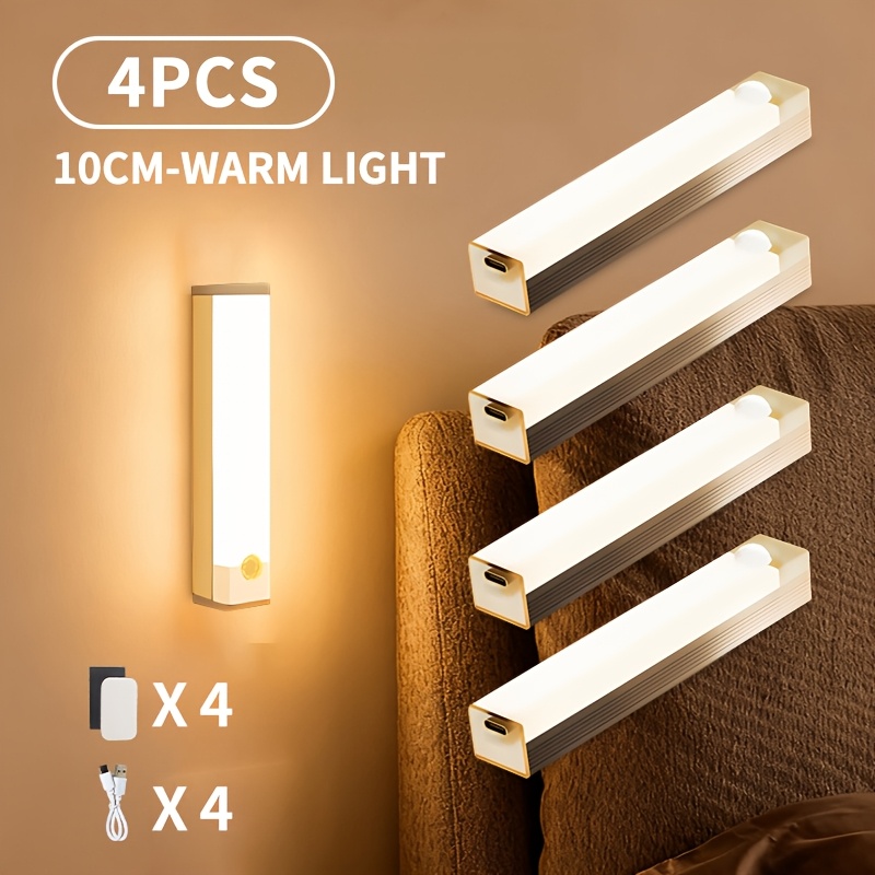 TEMU 4-pack Motion Sensor Night Light, Usb Rechargeable Portable Lamp, Warm White Light, Dimming, Magnetic Wall Light, Suitable For Bedroom, Kitchen,