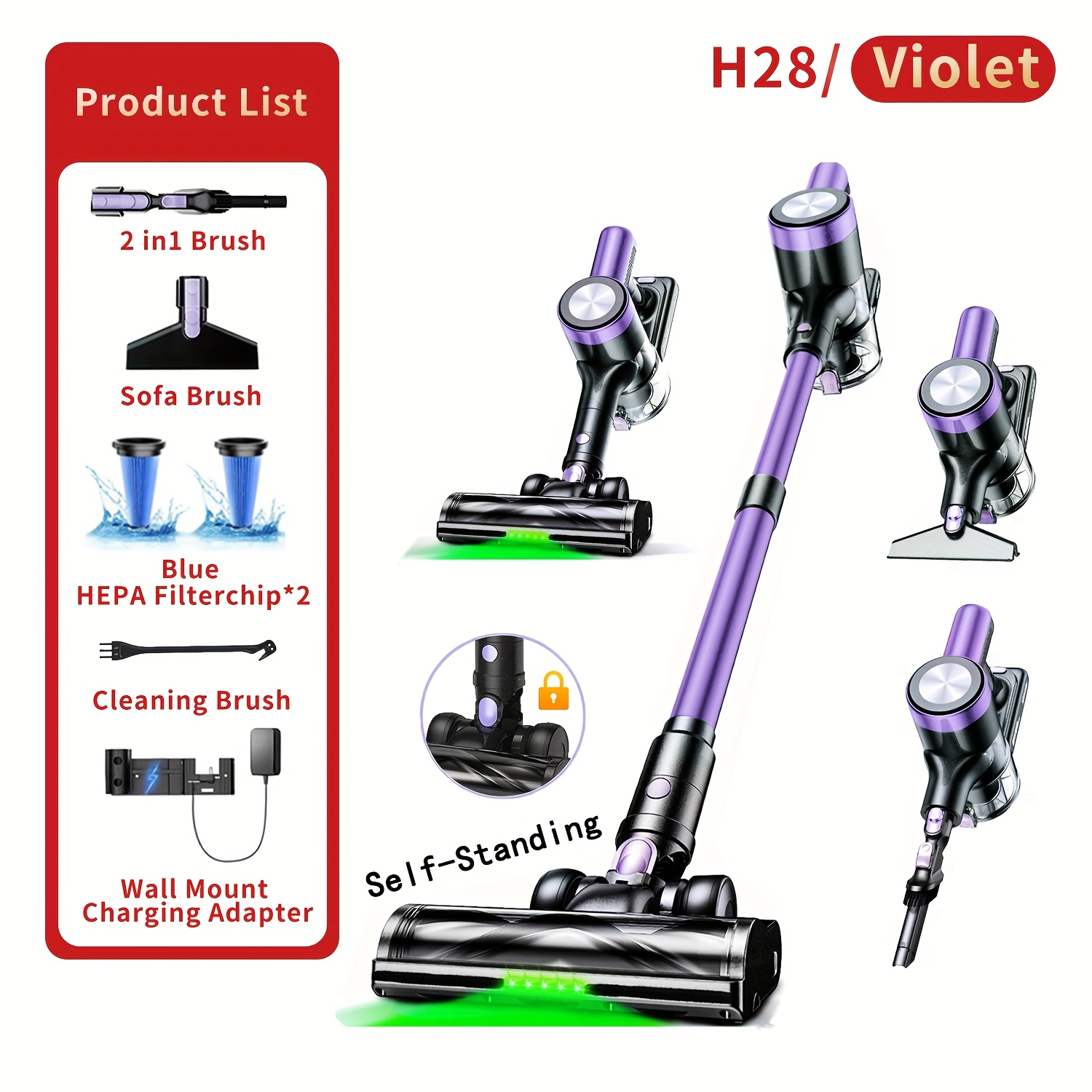 TEMU Aspirateur fil, aspirateur autoportant , 2500 mAh et aspirateur balai avec station de charge, écran LED, brosse -nœuds, aspirateur léger pour