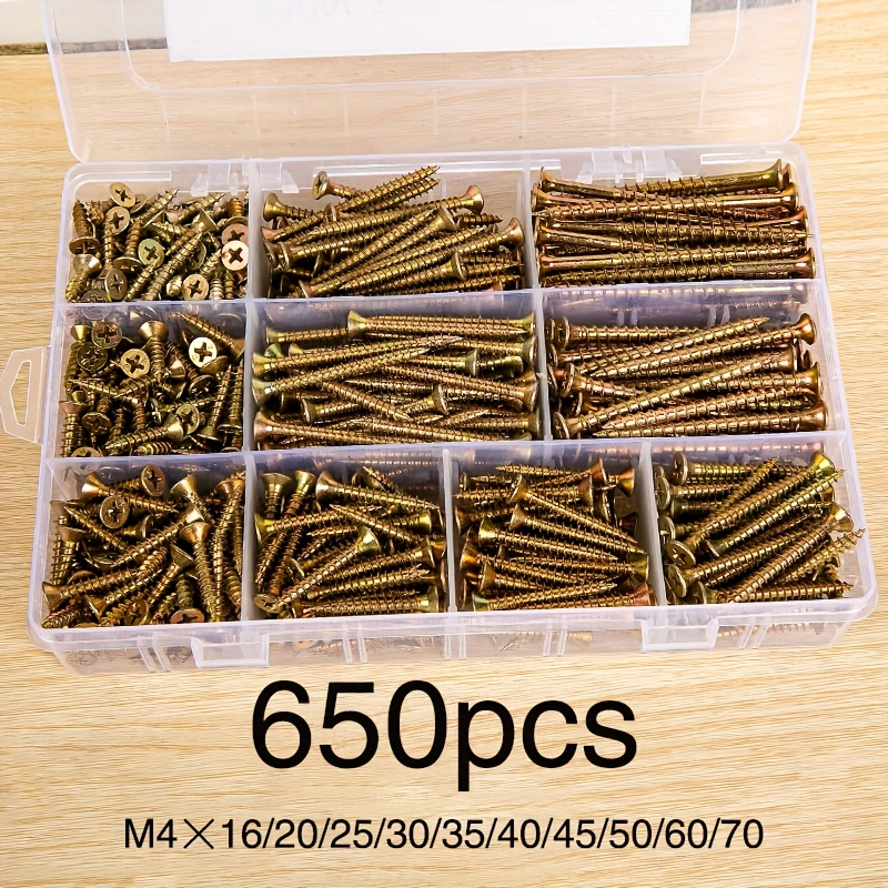 500 PC Self Tapping Brass Plated Wood Screw Assortment – Flat Head Phillips, With Storage Case, Free Shipping