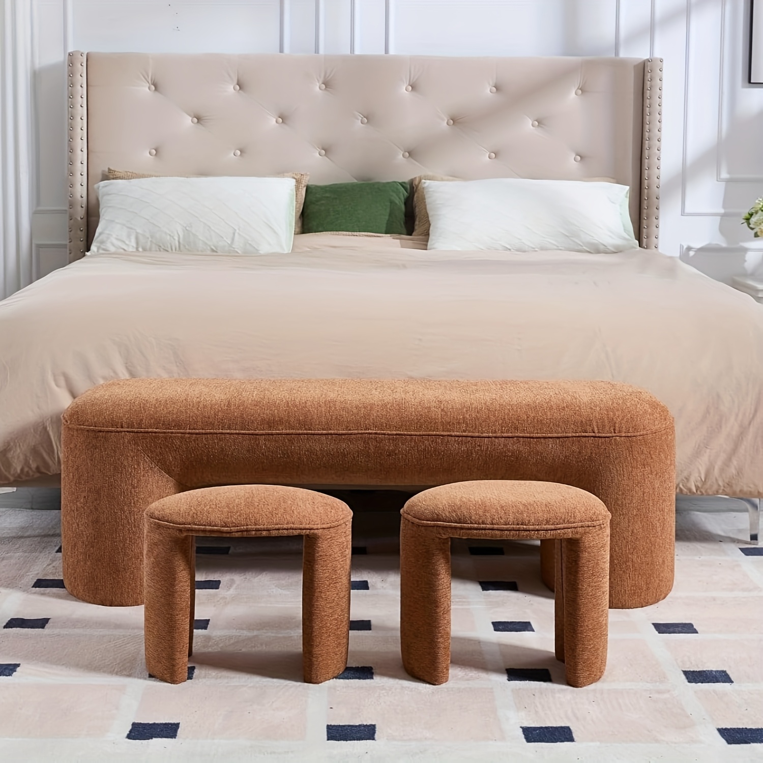 53 Inch Long Bedroom Bench with 2pcs Step Stools, Nesting Ottoman Bench Set, Padded End Of Bed Bench Modern Upholstered Bench for Living Room, Entry, Porch