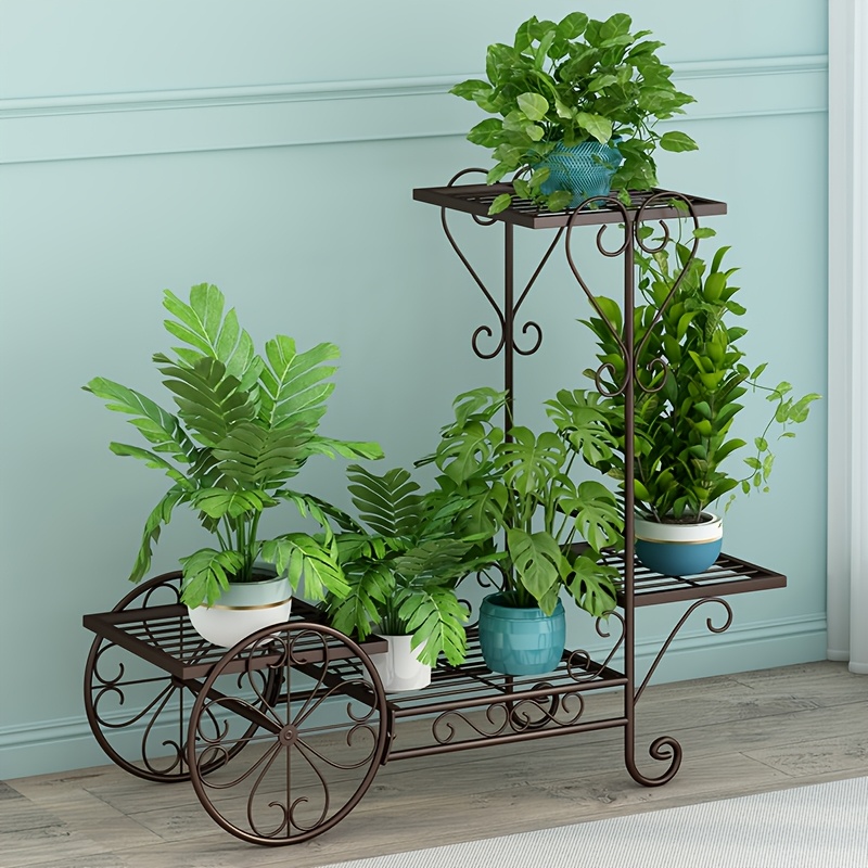 

Contemporary Metal Plant Stand With Wheels - Holder, Indoor & Outdoor Decorative Planter Display Rack For Greenery And