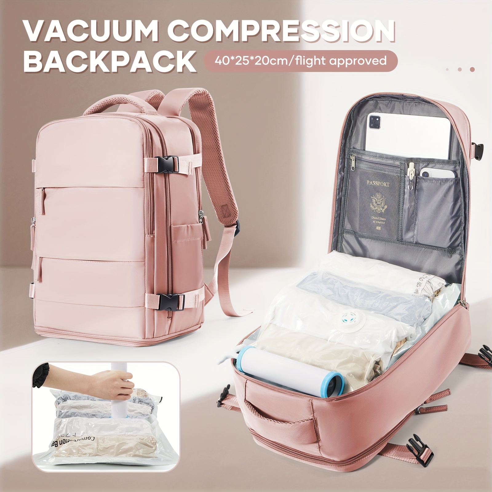 Bolso de Duffel para viaje, bolso de luggage 40*25*20, aprobado para vuelos, multifuncional, bolso de espalda para mujeres, bolso de compresión al vacuum con pulverizador al vacuum, artifato libre, reducción de espacio al 50%, combinación con esentiales para viaje familiar - Imagen 13
