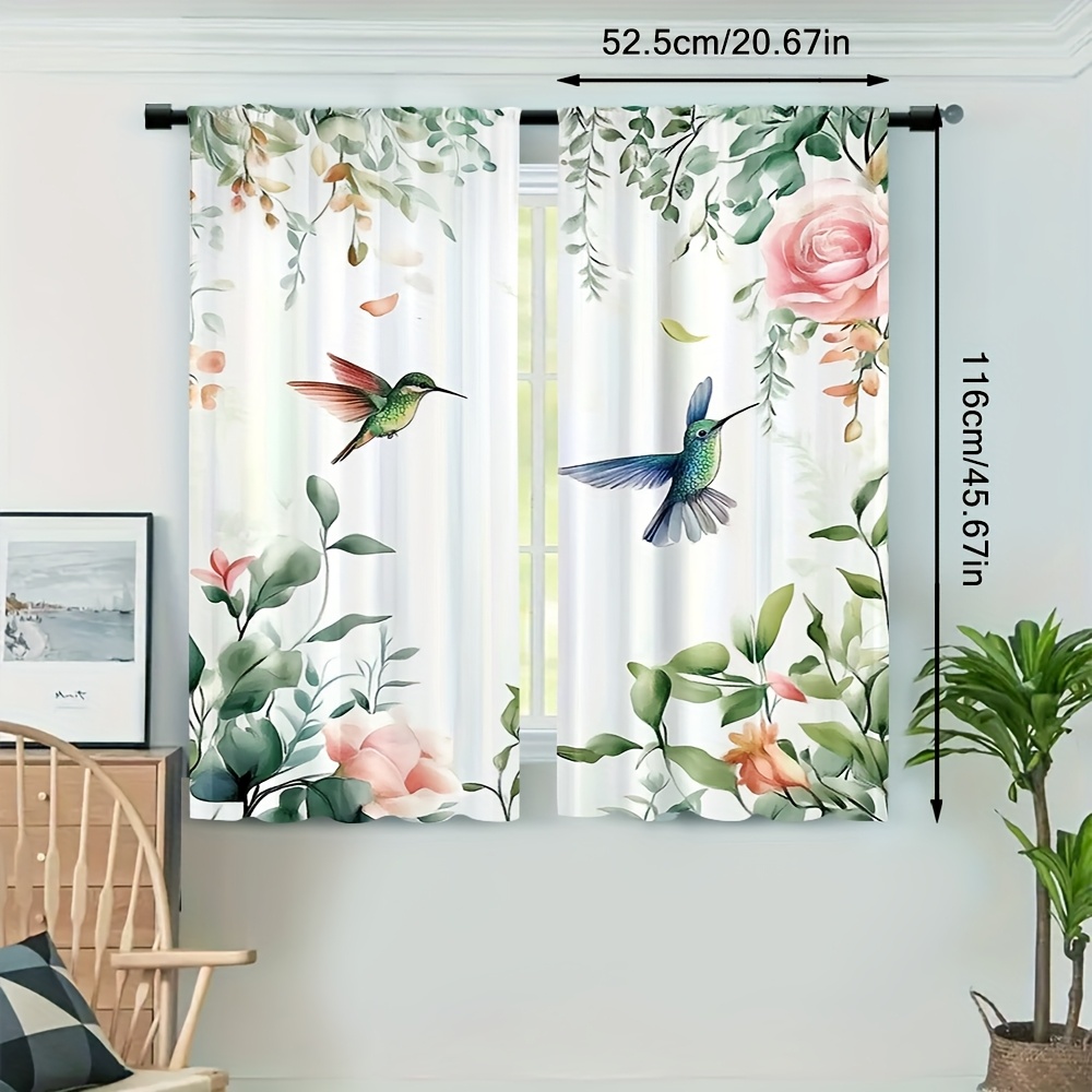 TEMU 2pcs Floral & Curtains - Rod , Semi-transparent Polyester, Perfect For Bedroom, Office, Kitchen, Living Room - Machine Washable, Contemporary